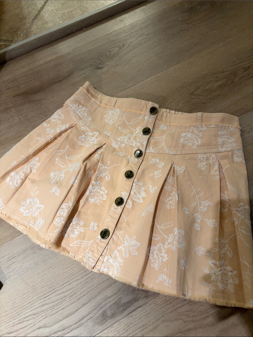 Anthropologie Peach Floral Button-Front Pleated Mini Skirt